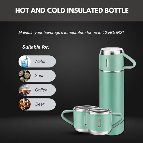 Vacuum Flask Set for Hot & Cold Beverages (Green) – 3 Cup Double-Layer Stainless Steel (Copy) - Image 2